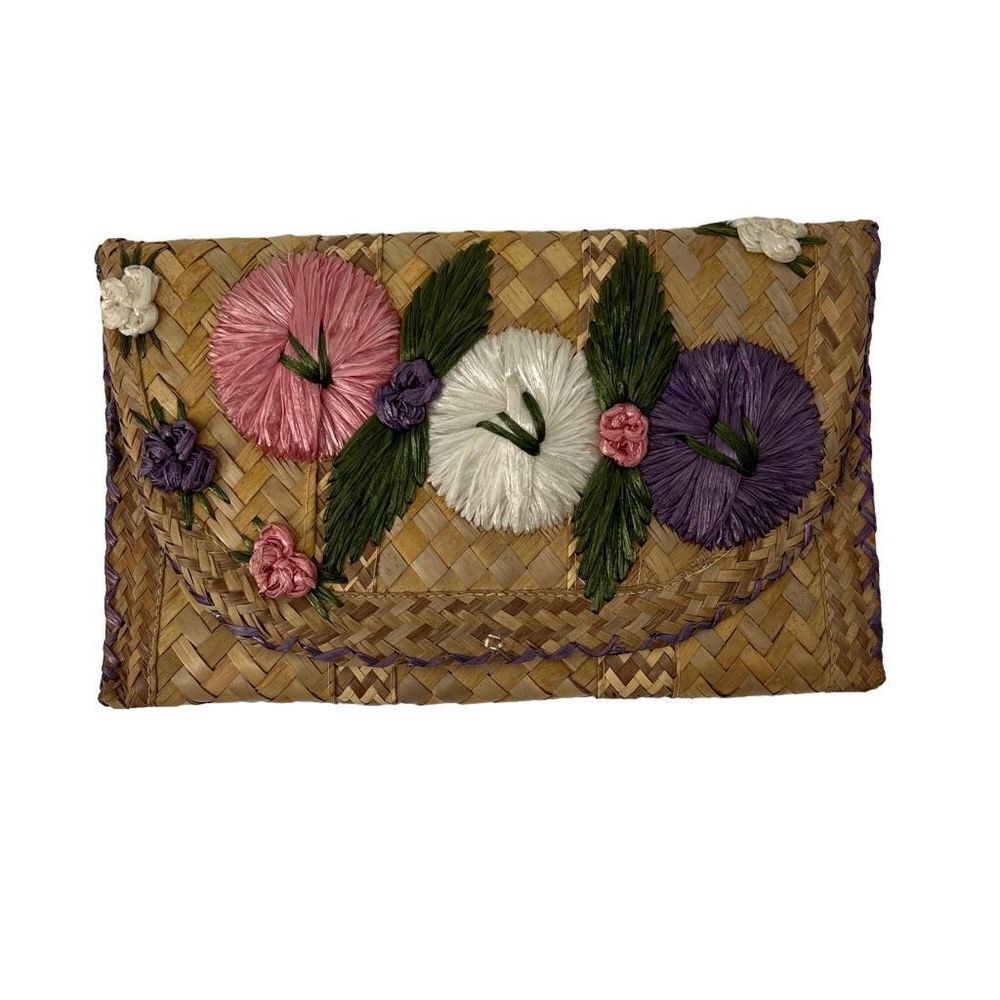 Vintage Straw Purple White White Floral Snap Closure Clutch